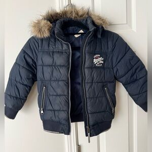 H&M Boys Navy Puffer Jacket with Faux Fur Hood, Size 6-7y